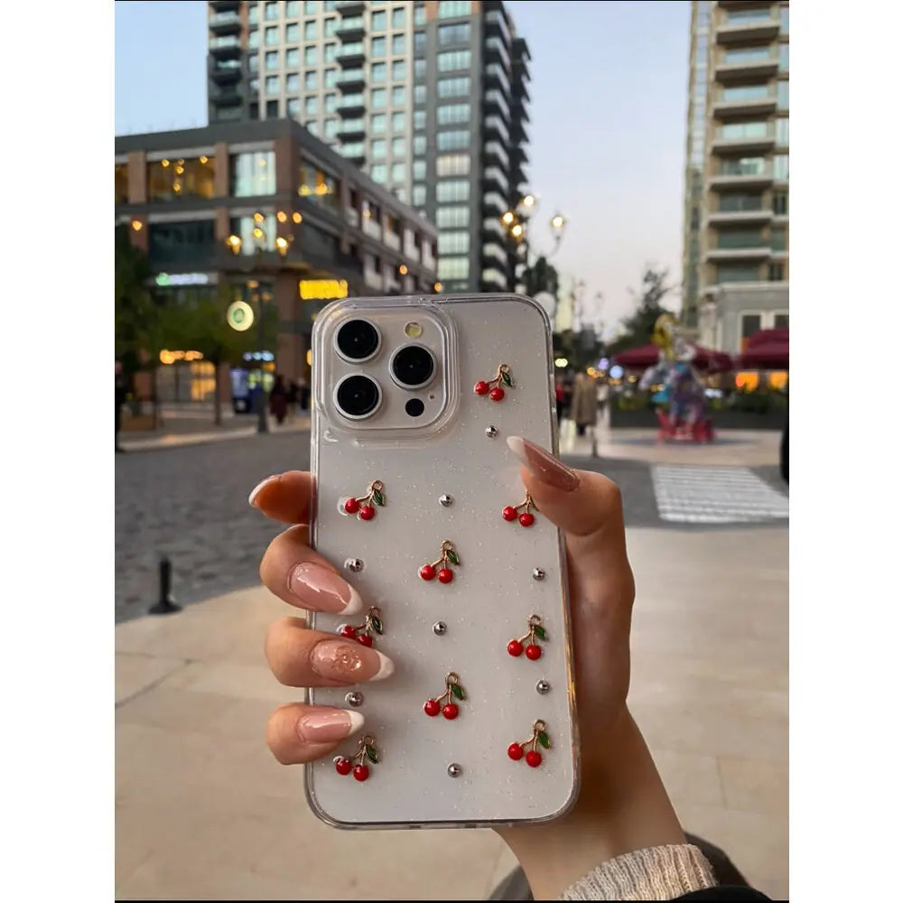 Kiraz Desenli Simli Şeffaf Kılıf