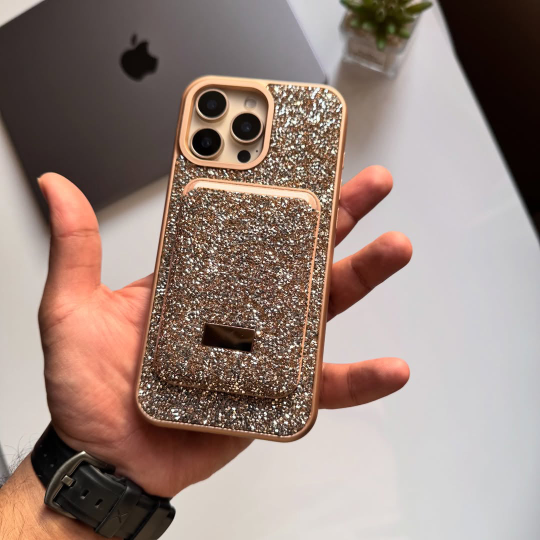 Taşlı  Kartlıklı İphone Telefon Kılıfı Gold
