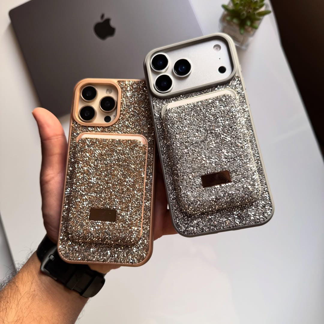 Taşlı  Kartlıklı İphone Telefon Kılıfı Gold