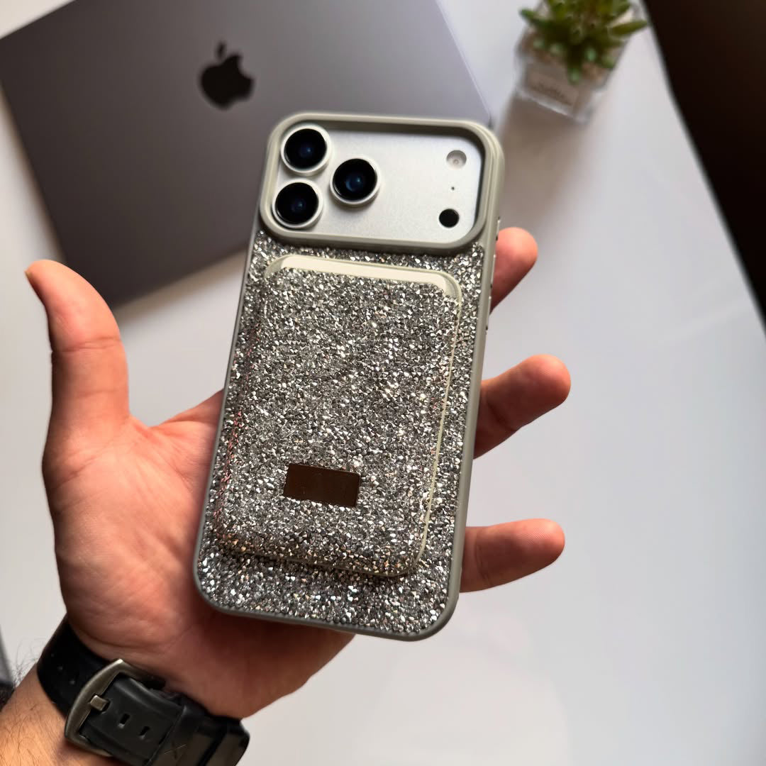 Taşlı  Kartlıklı İphone Telefon Kılıfı Gri