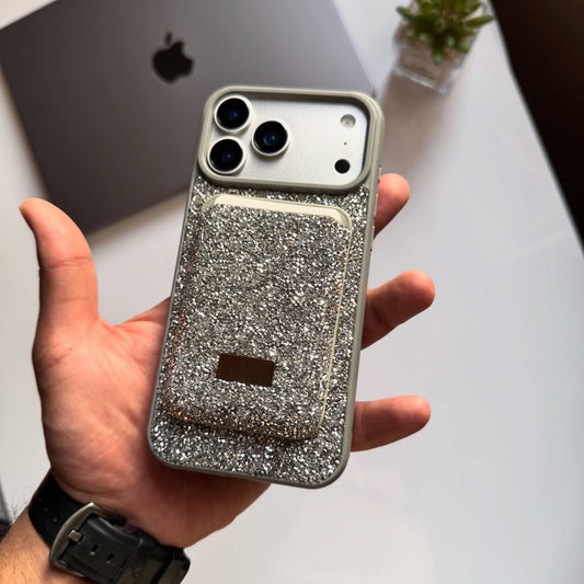 Taşlı  Kartlıklı İphone Telefon Kılıfı Gri