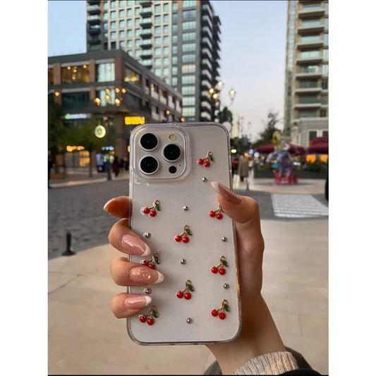 Kiraz Desenli Simli Şeffaf Kılıf