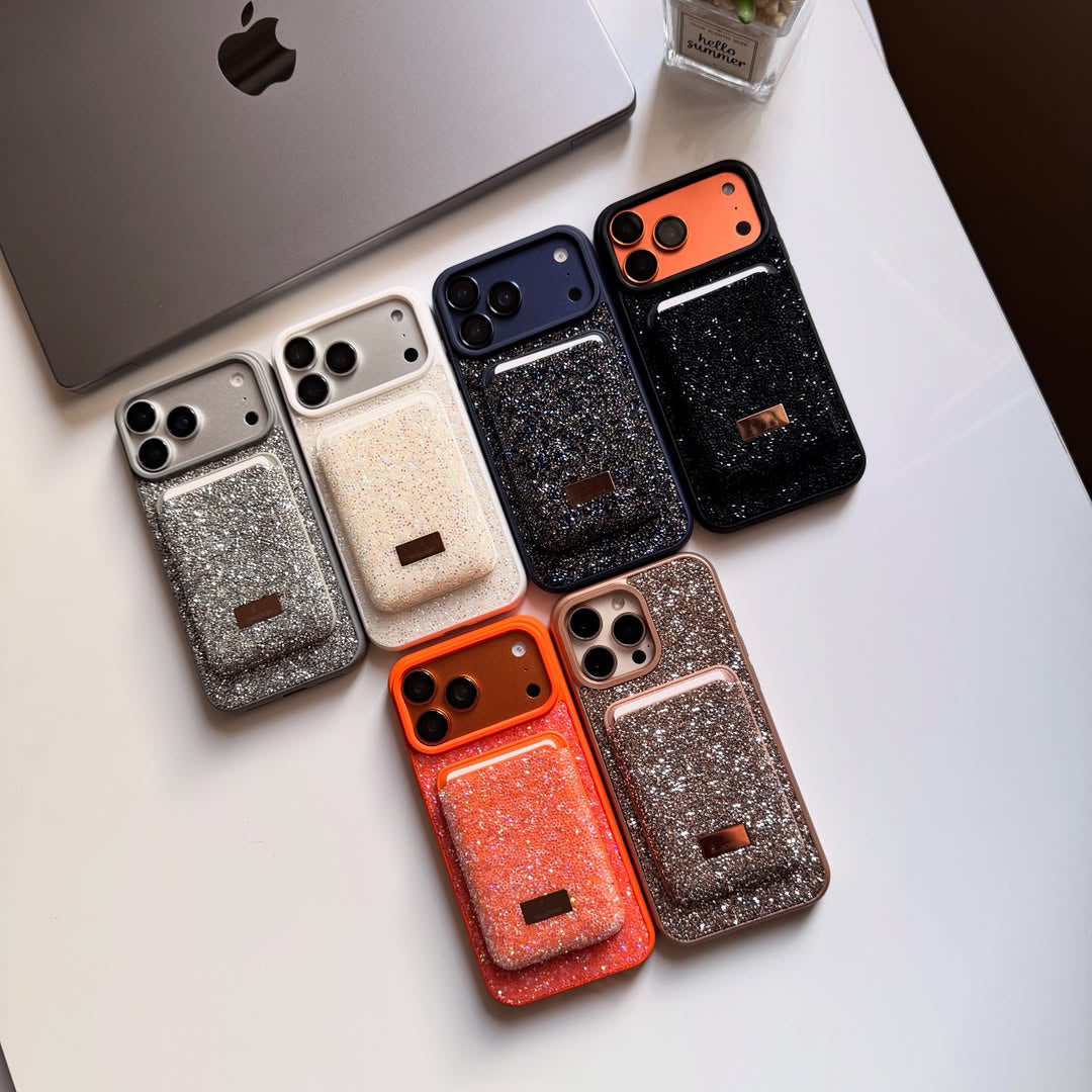 Taşlı  Kartlıklı İphone Telefon Kılıfı Turuncu