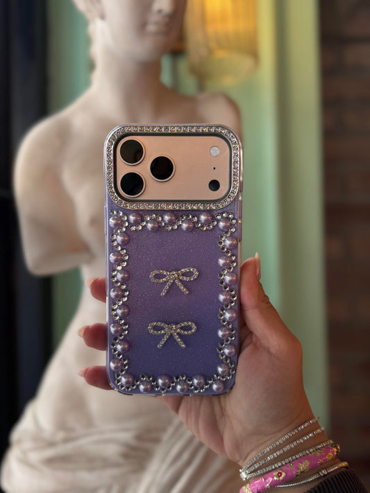 İnci Fiyonk Taşlı iPhone Telefon Kılıfı Mor