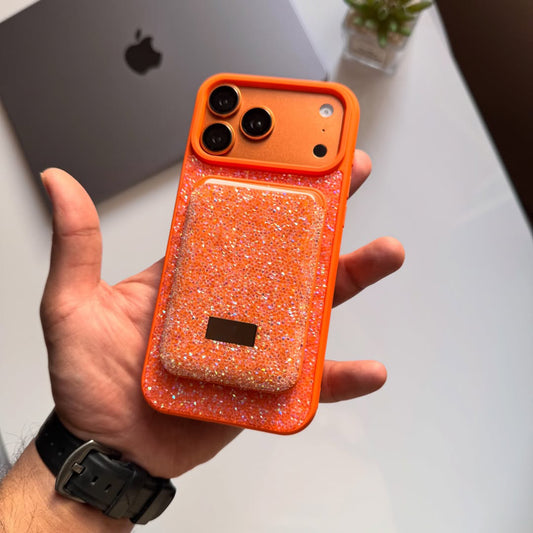 Taşlı  Kartlıklı İphone Telefon Kılıfı Turuncu